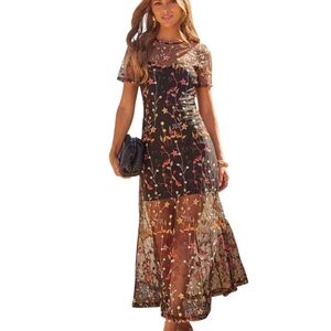 NWT Endless Rose Black Midi Dress with Floral Embroider Mesh Overlay XS Bohemian